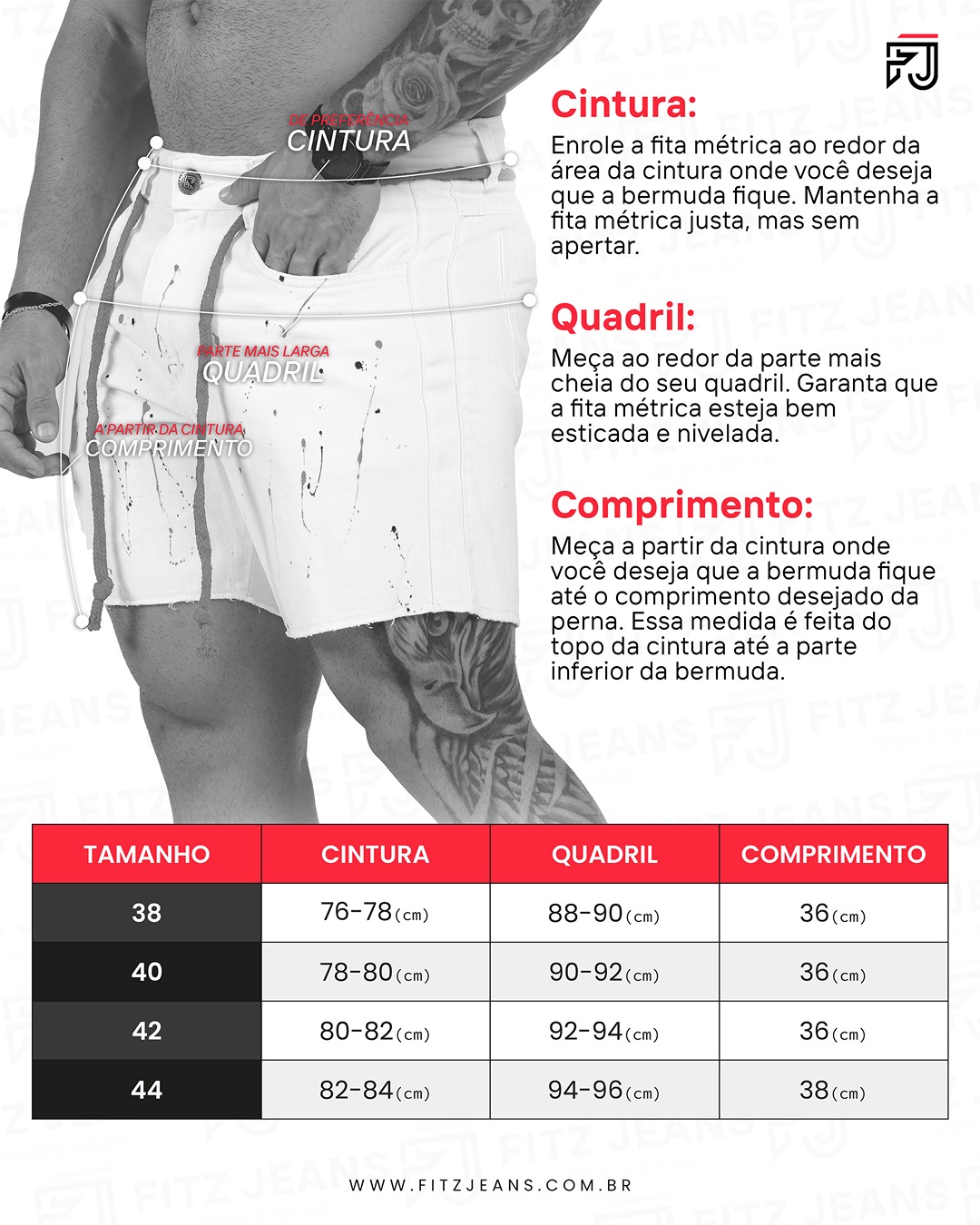 Tabela de medidas shorts sarja
